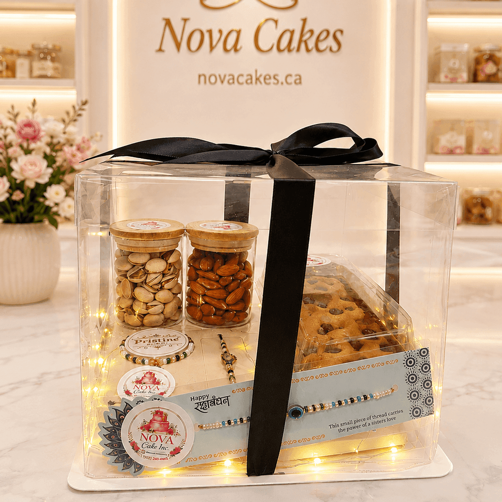 Nova Cakes Rakhi hamper in a ribbon-tied gift box with pistachios, almonds, a chocolate chip dry cake, rakhi threads and a Happy Raksha Bandhan card, Halifax