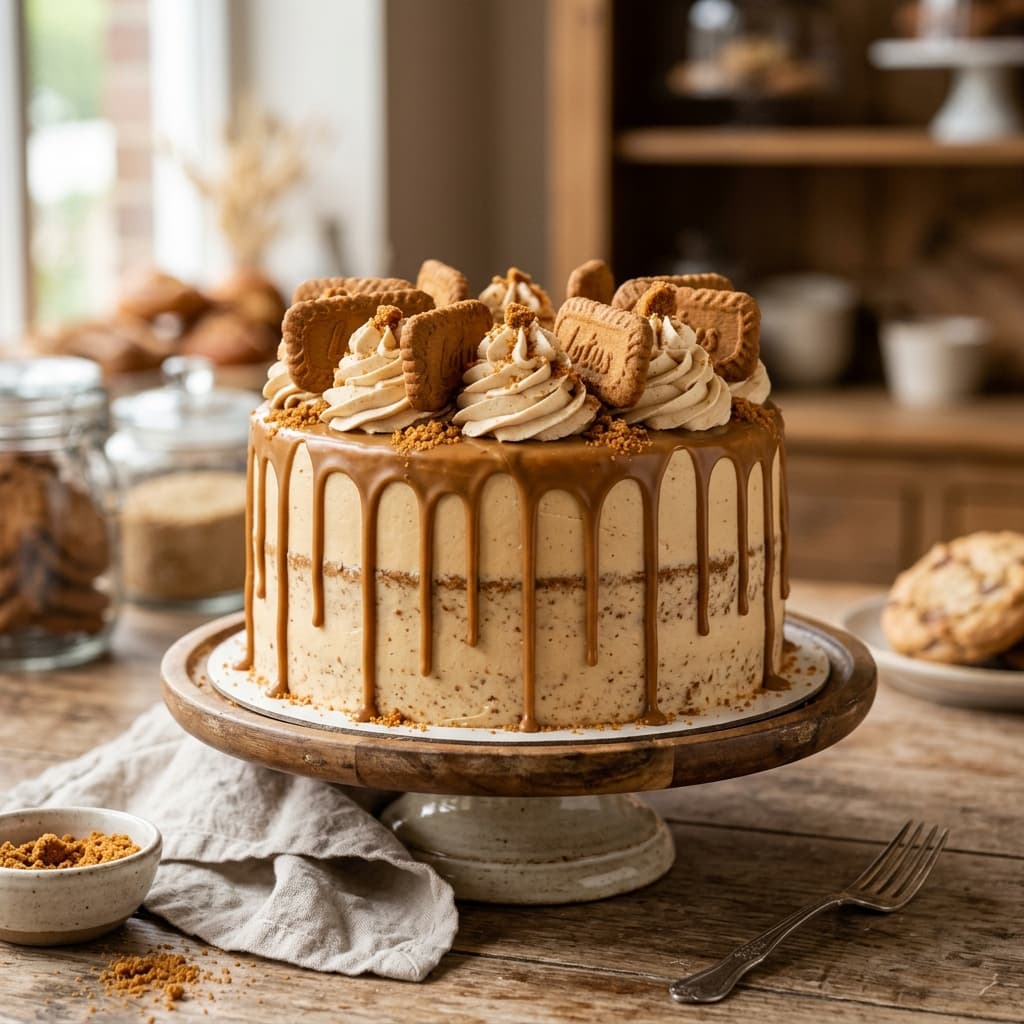 Eggless Lotus Biscoff drip cake layered with cookie butter and topped with Biscoff cookies by Nova Cakes in Halifax