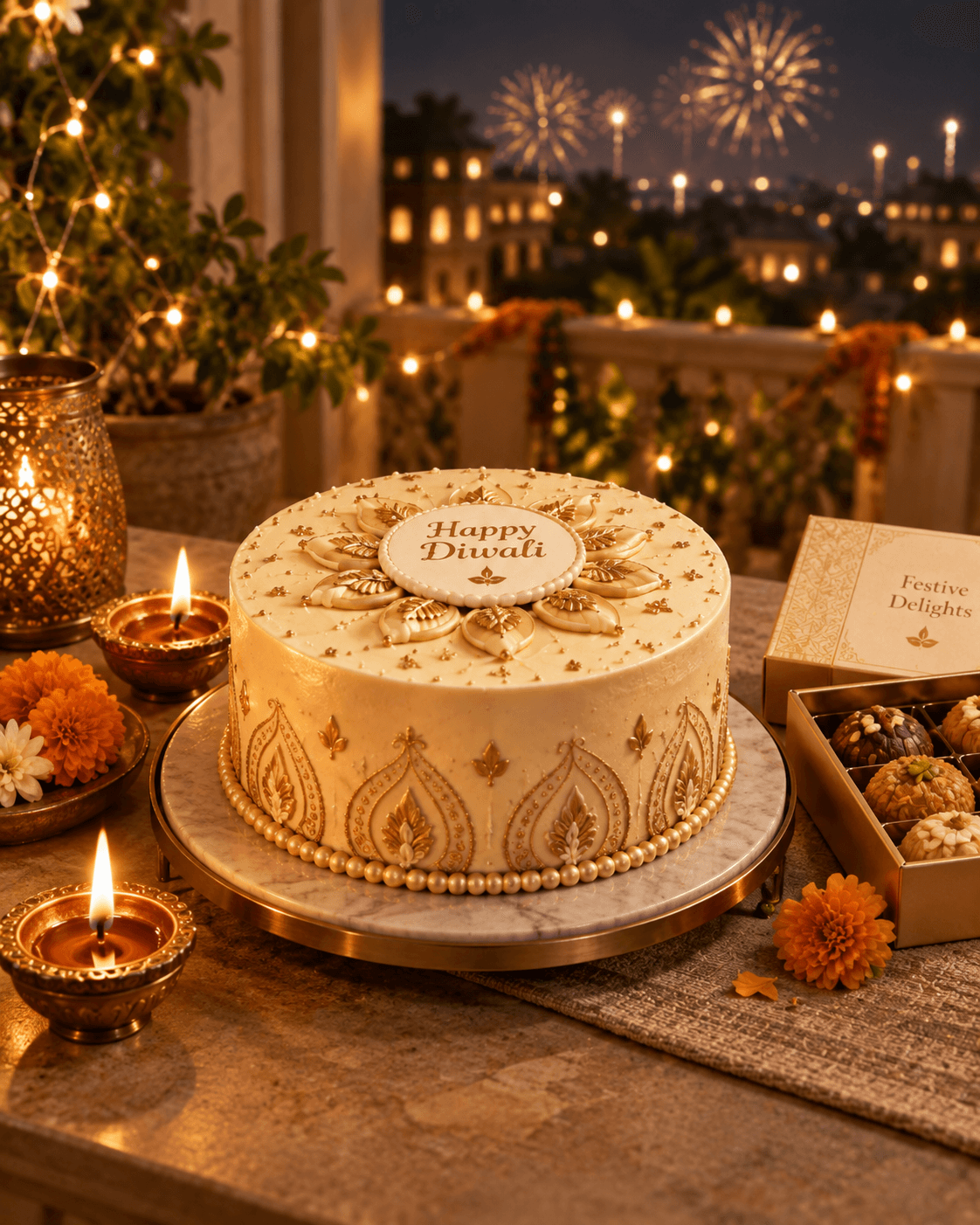 Eggless Happy Diwali celebration cake with gold piping by Nova Cakes, surrounded by lit diyas and marigolds with festival lights behind — the centrepiece of a Halifax Diwali hamper