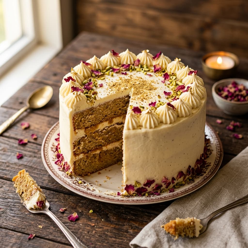 Eggless gulab jamun cardamom cake with cream, pistachios and rose petals, cut to show real gulab jamun pieces — Nova Cakes Halifax