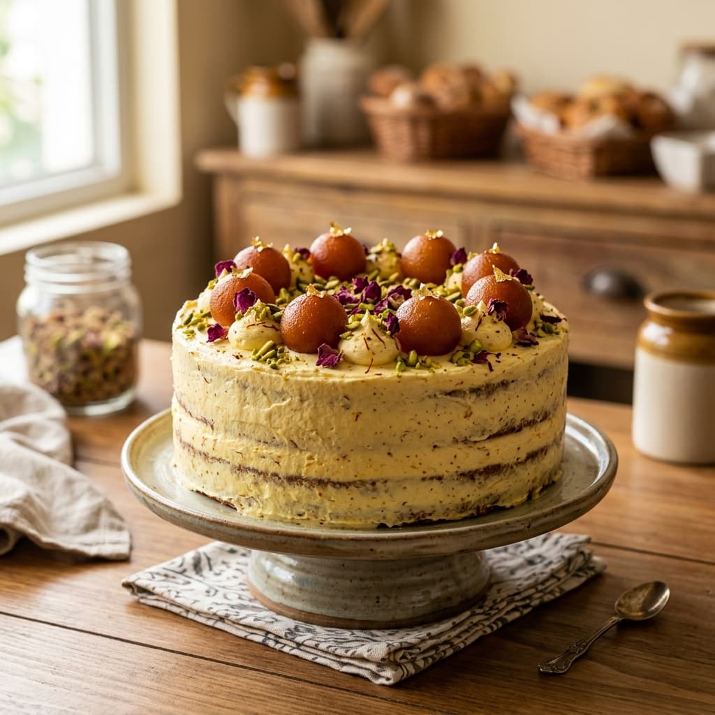 Eggless gulab jamun cardamom cake with pistachios by Nova Cakes — a Dussehra celebration cake in Halifax