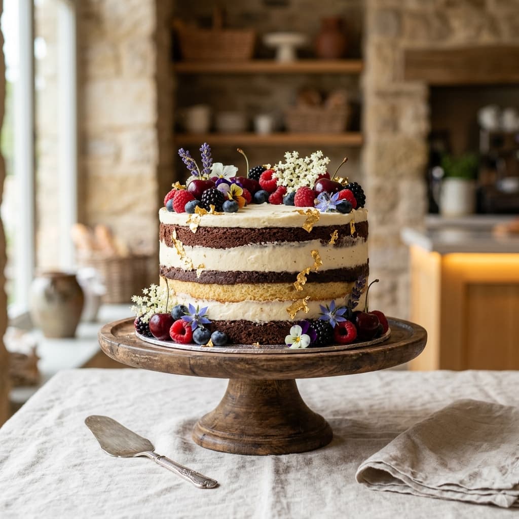 Elegant eggless layered wedding-style cake with fresh berries, edible flowers and gold leaf by Nova Cakes in Halifax
