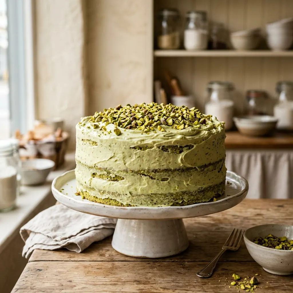 Eggless pistachio cake with light-green pistachio buttercream and crushed pistachios on top