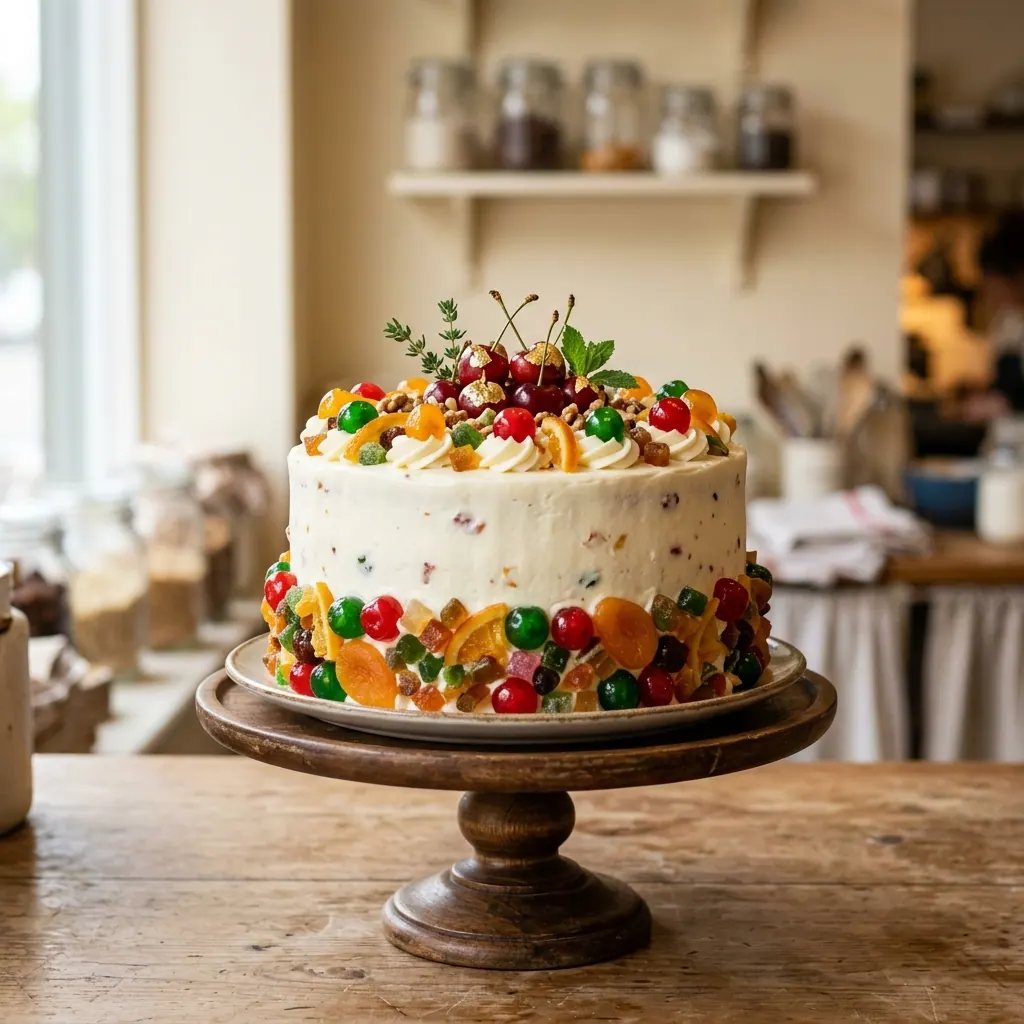 Eggless tutti-frutti cake with white cream frosting and candied fruit around the base